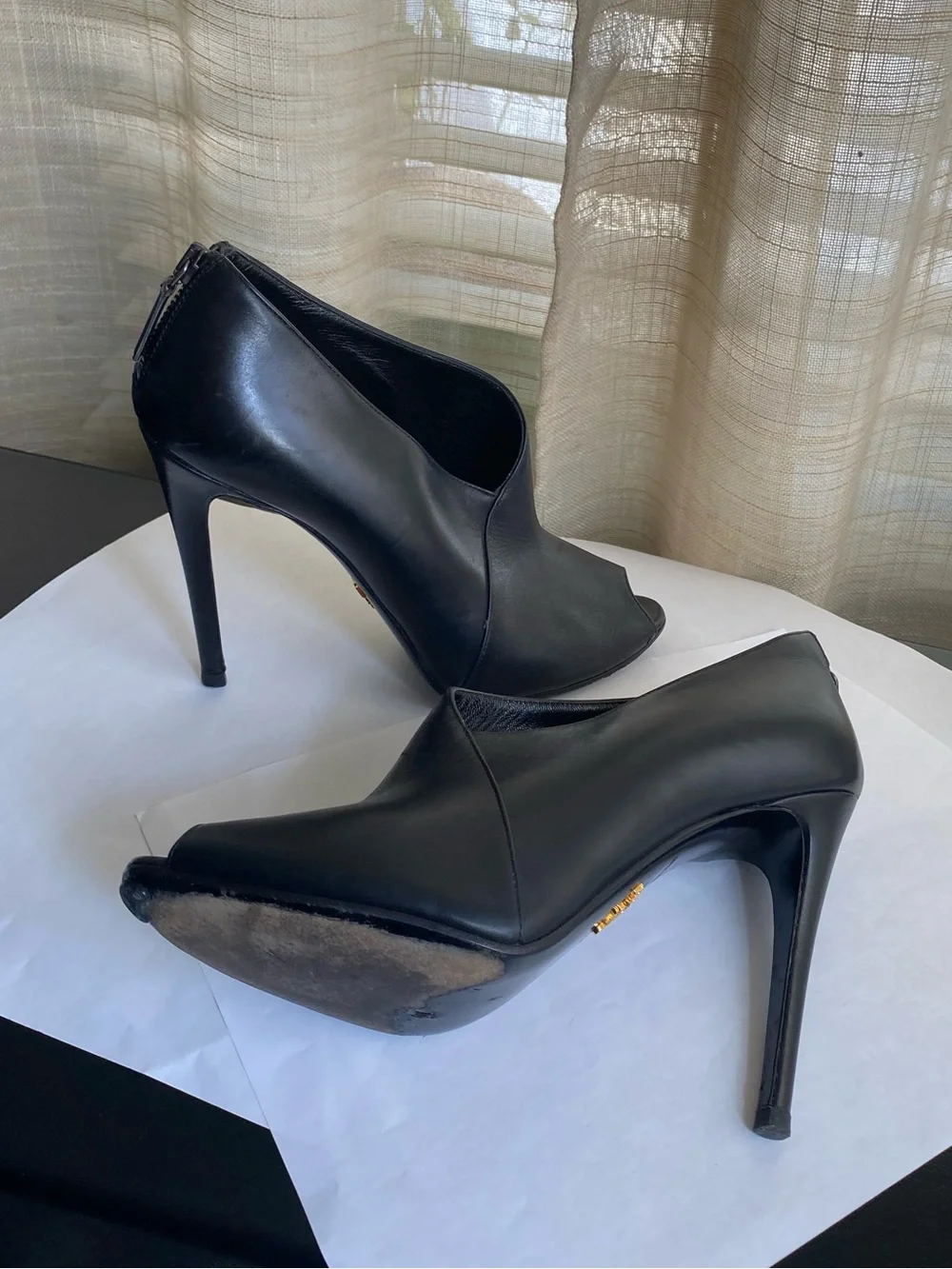 Prada Black Leather Peep-Toe ankle boots Booties Back Zipper pumps slides sandal